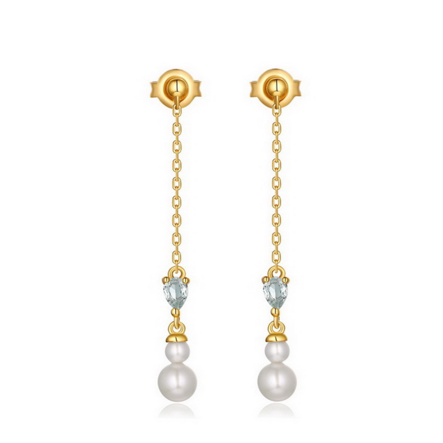 Dainty Blue Topaz Pearl Drop Earrings